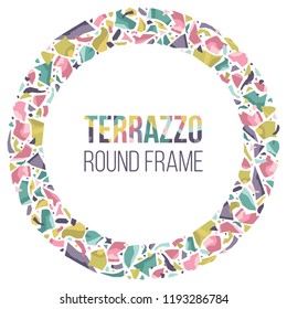 Hand drawn round and vignette frame in terrazzo style, colorful border with space for text. Abstract stones ornament, decorative design element. Vector illustration.