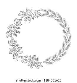 Hand drawn round  vintage wreath with hop cone on branch with leaves, malt, barley, rye, wheat ears. Design elements in engraving style. Beer frame. Vector isolated illustration.