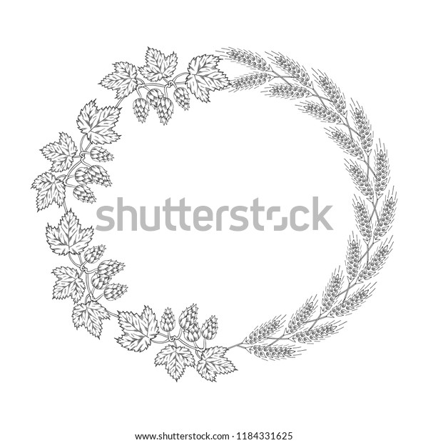 Hand drawn\
round  vintage wreath with hop cone on branch with leaves, malt,\
barley, rye, wheat ears. Design elements in engraving style. Beer\
frame. Vector isolated\
illustration.