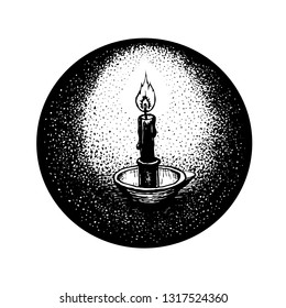 hand drawn round wector illustration of one burning candle in the dark circle 