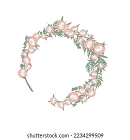 Handgezeichneter runder Kranz mit rosafarbenen Proteasenblumen. Flache Vektorgrafik.