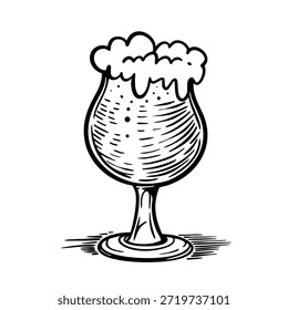 Vaso de cerveza redondo dibujado a mano con espuma gruesa en estilo de grabado vintage. Ilustración en blanco y negro para menús de marca de pub, carteles y etiquetas de alcohol.