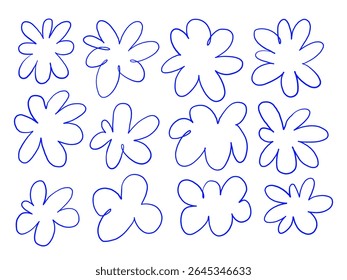 Hand Drawn Rounded Bloom Form. A soft rounded floral bloom in abstract shape drawn with clean blue outline and balanced smooth petal symmetry and more. Perfect for branding stickers botanical