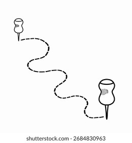 Hand drawn route or map with push pins icon doodle illustration isolaed on white background. Journey start and end concept