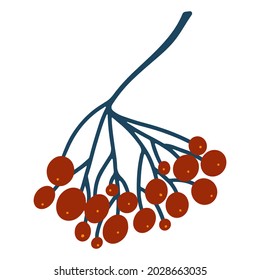 Hand drawn rowan in cartoon flat childish style. Vector illustration of red berries isolated on white background for baby apparel, textile and product design, wallpaper, wrapping paper, card