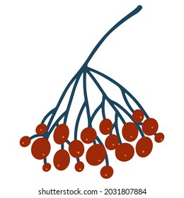 Hand drawn rowan in cartoon flat childish style. Vector illustration of red berries isolated on white background for baby apparel, textile and product design, wallpaper, wrapping paper, card