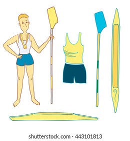 Hand drawn rowing icons. Vector illustration of rower, kayak boat, paddle. Sport activity. Kayak ship top view. Man athlete with oar. Rowing competition. Paddle, kayak boat, rower isolated.