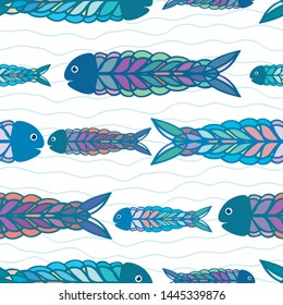 Hand drawn rows of multicolor fish in folk art style design. Seamless vector pattern on white background with doodle waves. Great for wellness, beach, kids products, stationery, packaging, fabric