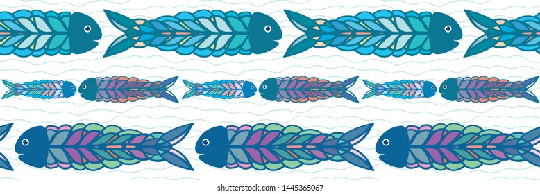 Hand drawn rows of multicolor fish in folk art style border design. Seamless vector pattern on white background with doodle waves. Great for beach, kids, food products, stationery, packaging, fabric