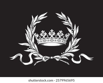 Hand drawn royal crown and laurel wreath vintage line art tattoo vector illustration isolated