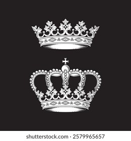 Hand drawn royal crowns set vintage line art tattoo vector illustration isolated