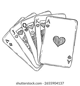 hand drawn royal flush playing cards illustration, vintage poker hearts suit sketch