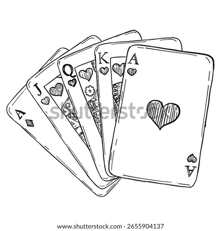 hand drawn royal flush playing cards illustration, vintage poker hearts suit sketch