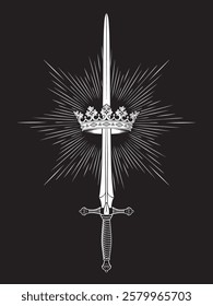 Hand drawn royal sword Excalibur and crown vintage line art tattoo vector illustration isolated