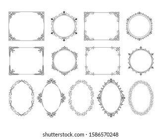 Hand drawn royal wedding squared, round and oval frames set. Vector isolated victorian borders. 