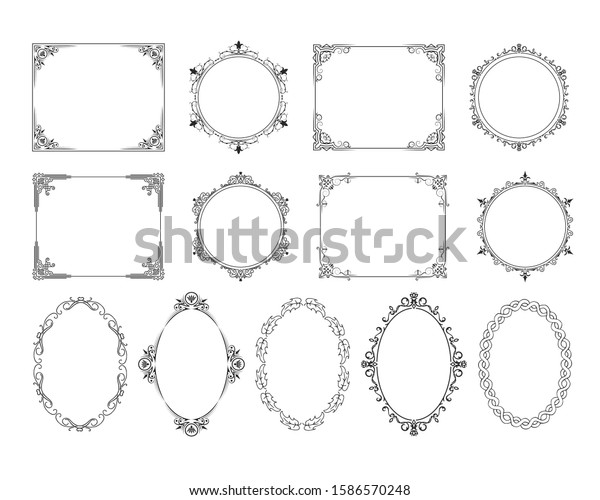 Hand drawn royal wedding\
squared, round and oval frames set. Vector isolated victorian\
borders. 