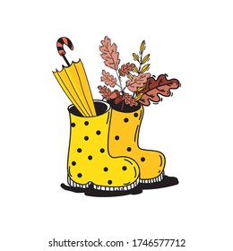 Hand drawn rubber boots cartoon vector illustration of a cute.Perfect for  shirt logo, greeting card, poster, invitation or print design.