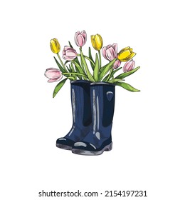 Hand drawn rubber boots with tulips inside, sketch vector illustration isolated on white background. Wellington boots for rainy spring weather. Beautiful flowers in shoes.