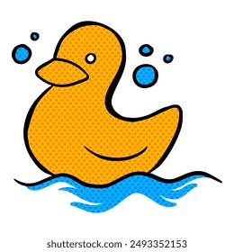 Hand drawn rubber duck bath toy halftone color vector illustration