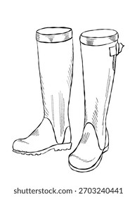 Par de botas de borracha puxadas à mão em estilo de esboço vintage isolado no fundo branco para jardinagem agrícola ou design de estação de outono