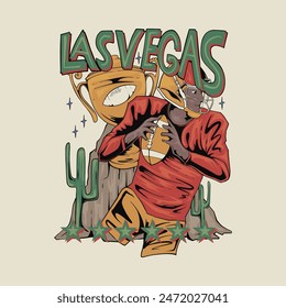 Hand drawn rugby player illustration with desert background and Las Vegas text