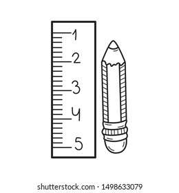 Hand drawn ruler and pencil isolated on a white. Vector illustration.