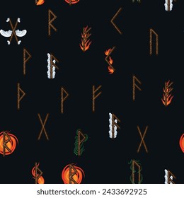 Hand drawn runic letters seamless pattern with elemental symbols. Magic signs and symbols of Scandinavian culture.
