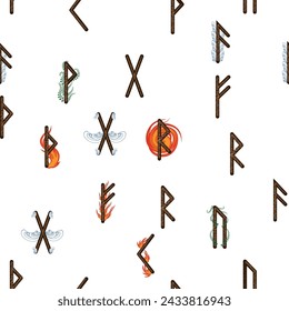 Hand drawn runic letters seamless pattern with elemental symbols. Magic signs and symbols of Scandinavian culture.