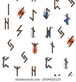 Hand drawn runic letters seamless pattern with elemental symbols. Magic signs and symbols of Scandinavian culture.