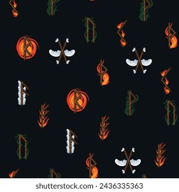 Hand drawn runic letters seamless pattern with elemental symbols. Magic signs and symbols of Scandinavian culture.