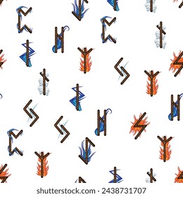 Hand drawn runic letters seamless pattern with elemental symbols. Magic signs and symbols of Scandinavian culture.