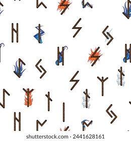 Hand drawn runic letters seamless pattern with elemental symbols. Magic signs and symbols of Scandinavian culture.