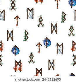 Hand drawn runic letters seamless pattern with elemental symbols. Magic signs and symbols of Scandinavian culture.