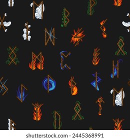 Hand drawn runic letters seamless pattern with elemental symbols. Magic signs and symbols of Scandinavian culture.