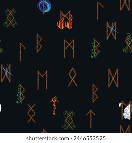 Hand drawn runic letters seamless pattern with elemental symbols. Magic signs and symbols of Scandinavian culture.