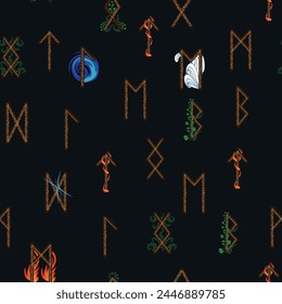 Hand drawn runic letters seamless pattern with elemental symbols. Magic signs and symbols of Scandinavian culture.