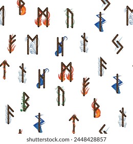 Hand drawn runic letters seamless pattern with elemental symbols. Magic signs and symbols of Scandinavian culture.