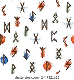 Hand drawn runic letters seamless pattern with elemental symbols. Magic signs and symbols of Scandinavian culture.