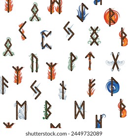 Hand drawn runic letters seamless pattern with elemental symbols. Magic signs and symbols of Scandinavian culture.