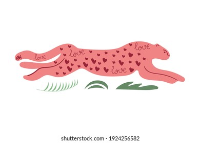 Hand drawn running cheetah with hearts and text love. Modern flat illustration.