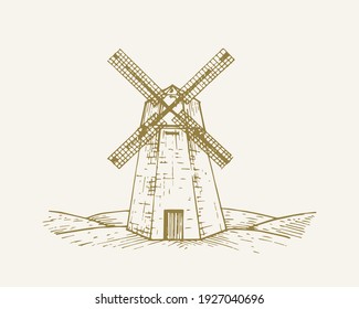 Hand Drawn Rural Building Landscape Vector Illustration. Windmill Sketch. Village Mill House Doodle. Isolated.