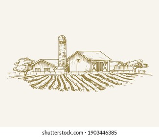 Hand Drawn Rural Buildings Landscape Vector Illustration. Farm with Field, Barns, Grain Elevator and Trees Sketch. Village Houses Doodle. Isolated.