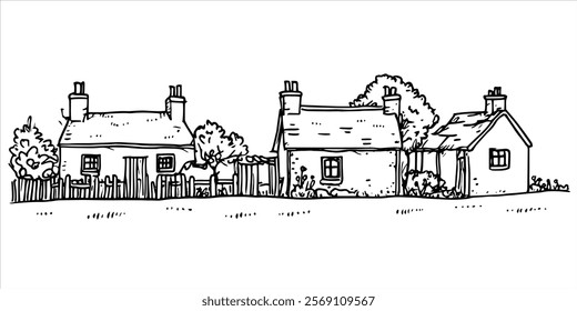 hand drawn rural cottages with fences and trees