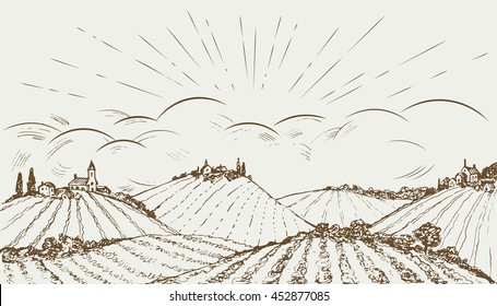 Hand drawn rural field panoramic wide landscape. Vintage vector illustration. 