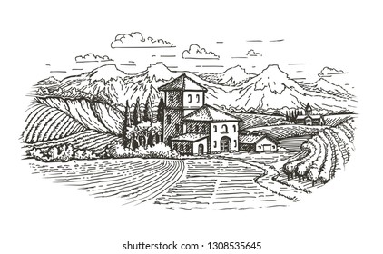 Hand drawn rural landscape. Farm, vineyard, agriculture sketch. Vintage vector illustration