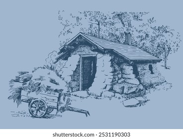 Hand drawn rural landscape with pet house. Line sketch converted to vector drawing.