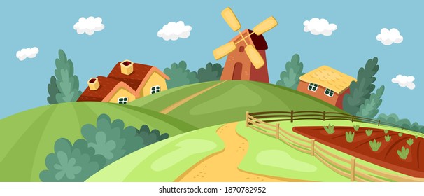 Un paisaje rural a mano con molino de viento, campos de cultivo y huerto. Ilustración vectorial de dibujos animados