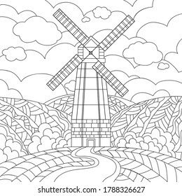 Hand drawn rural mill, road, hills, clouds, sky with small and middle pattern on white isolated background. For coloring book page.