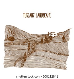 Hand drawn rural tuscany landscape, vector illustration.