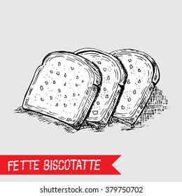Hand drawn rusk bread sketch. Can be used for vintage food invitations, cards, banners, prints, patterns, emblems, bakery, restaurant, cafe menu. Food background. Italian breakfast element